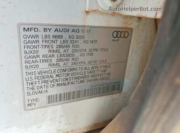 WA1VAAF70JD019343 2018 AUDI Q7 White VIN կոդի պիտակի տեսք