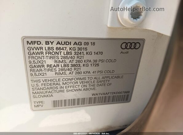WA1VAAF72KD007969 2019 AUDI Q7 White Vista del compartimento del motor