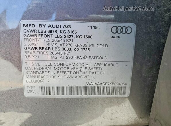 WA1VAAGE7KB024954 2019 AUDI E-TRON Silver Вид наклейки з VIN-кодом