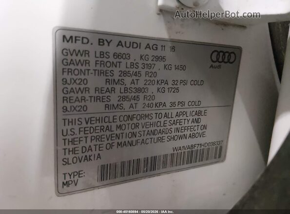 WA1VABF71HD038337 2017 AUDI Q7 White Вид підкапотного простору