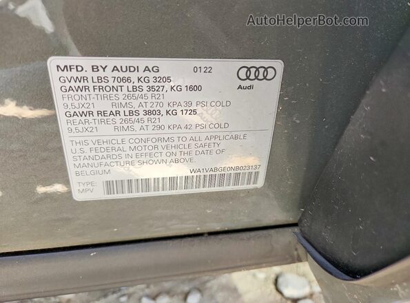 WA1VABGE0NB023137 2022 AUDI E-TRON Gray Widok wnętrza 360 stopni