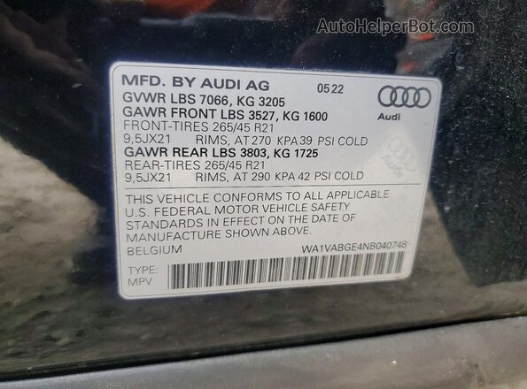 WA1VABGE4NB040748 2022 AUDI E-TRON Black Widok naklejki z numerem VIN