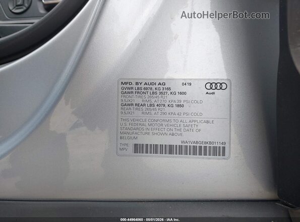 WA1VABGE8KB011149 2019 AUDI E-TRON Gray Вид підкапотного простору