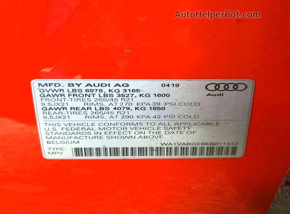 WA1VABGE8KB011412 2019 AUDI E-TRON Orange VIN կոդի պիտակի տեսք