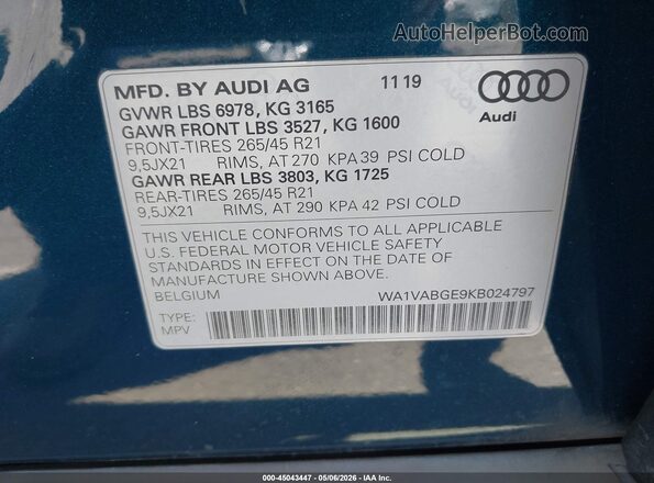 WA1VABGE9KB024797 2019 AUDI E-TRON Green Engine compartment view