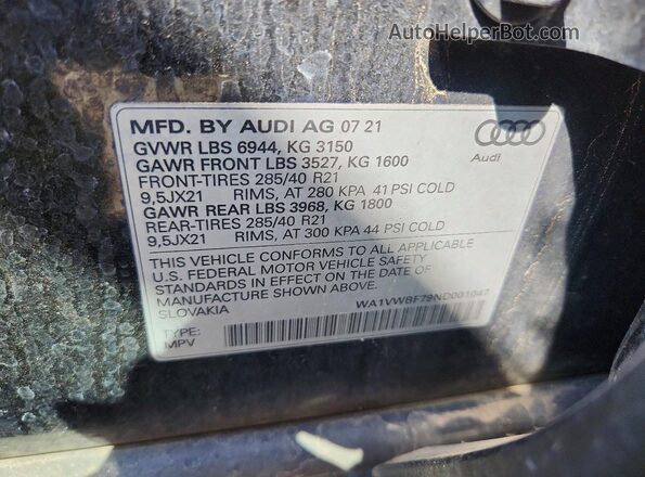 WA1VWBF79ND001047 2022 AUDI SQ7 Black VIN კოდის სტიკერის ხედი