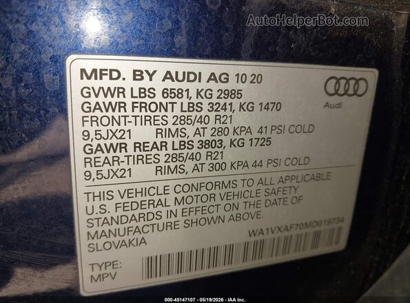WA1VXAF70MD019734 2021 AUDI Q7 Blue Вид підкапотного простору