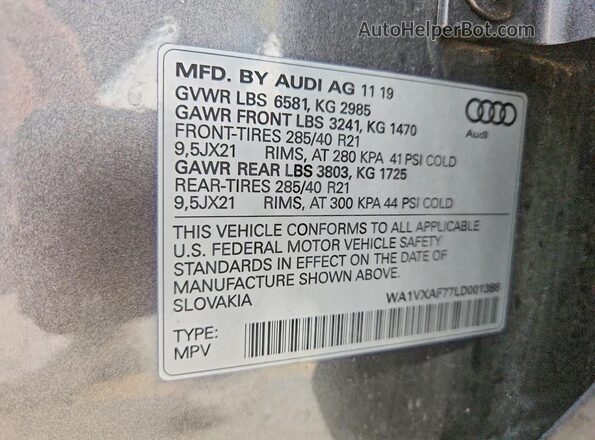 WA1VXAF77LD001388 2020 AUDI Q7 Gray Vista de la etiqueta del VIN