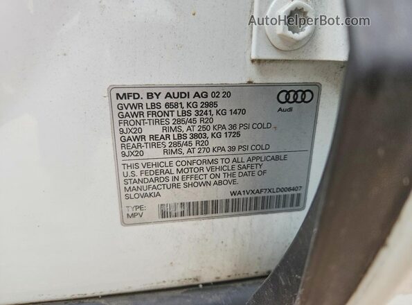 WA1VXAF7XLD006407 2020 AUDI Q7 White Widok naklejki z numerem VIN