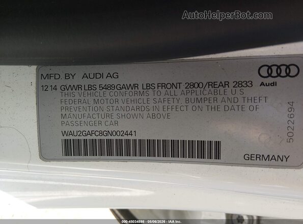 WAU2GAFC8GN002441 2016 AUDI OTHER White Vista del compartimento del motor