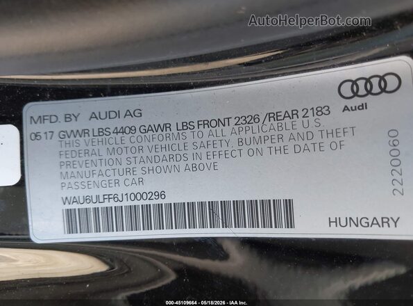 WAU6ULFF6J1000296 2018 AUDI A3 Черный Вид подкапотного пространства