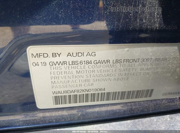 WAU8DAF82KN019064 2019 AUDI OTHER Blue Widok komory silnika