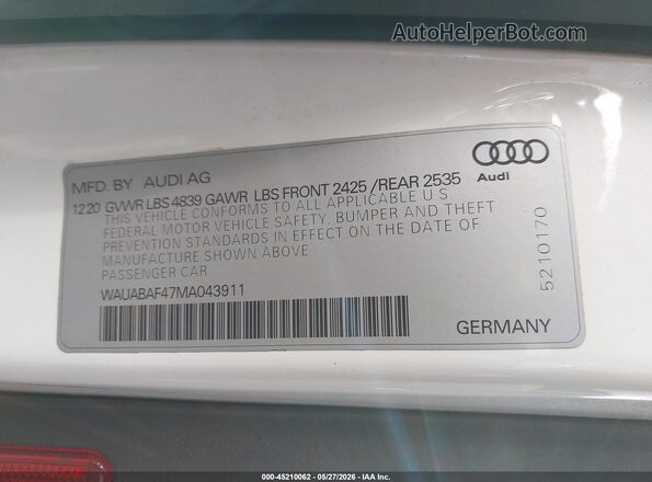 WAUABAF47MA043911 2021 AUDI A4 White Вид підкапотного простору