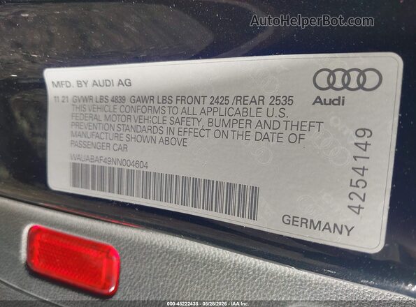 WAUABAF49NN004604 2022 AUDI OTHER Black Engine compartment view