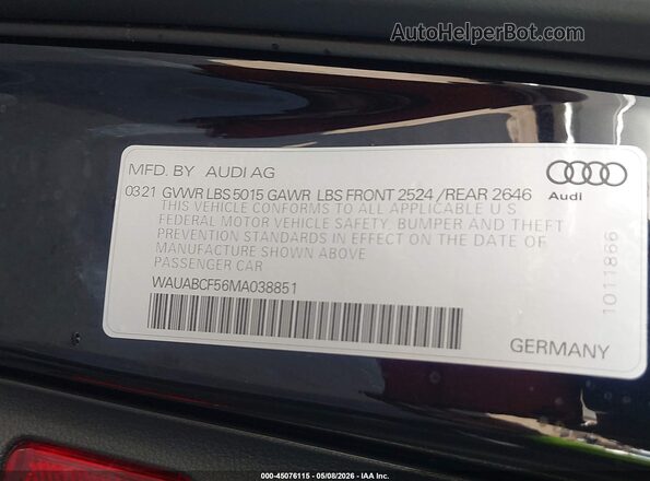 WAUABCF56MA038851 2021 AUDI OTHER Black Vista del compartimento del motor