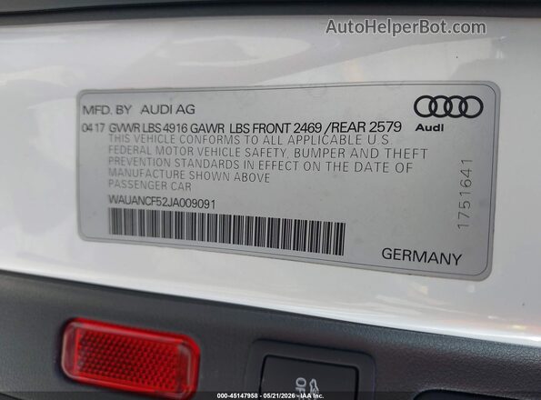 WAUANCF52JA009091 2018 AUDI A5 White Vista del compartimento del motor