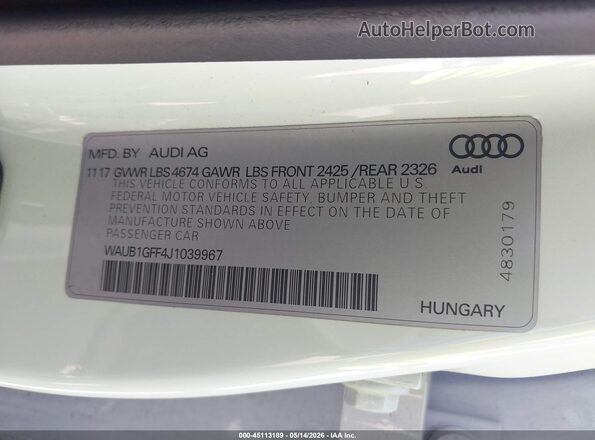 WAUB1GFF4J1039967 2018 AUDI S3 White Вид підкапотного простору