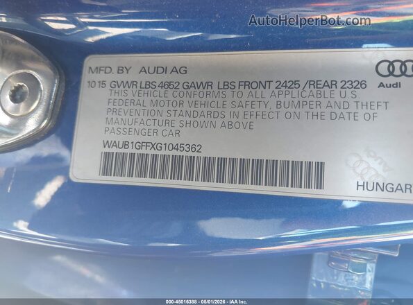 WAUB1GFFXG1045362 2016 AUDI S3 Blue Вид підкапотного простору
