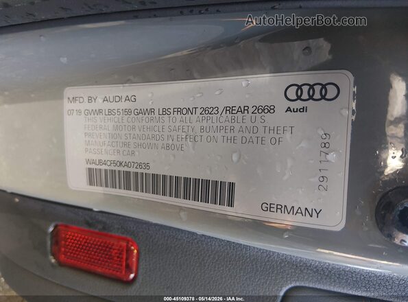 WAUB4CF50KA072635 2019 AUDI S5 Gray Շարժիչի բաժամունքի տեսք
