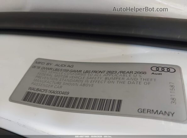 WAUB4CF51KA000469 2019 AUDI S5 White Vista del compartimento del motor