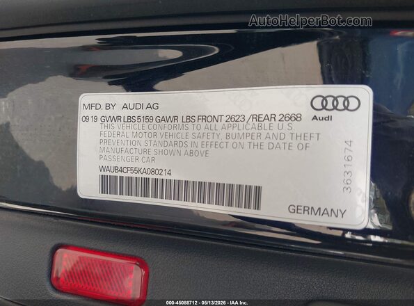 WAUB4CF55KA080214 2019 AUDI S5 Black ძრავის განყოფილების ხედი