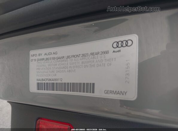 WAUB4CF58KA069112 2019 AUDI S5 Gray ძრავის განყოფილების ხედი