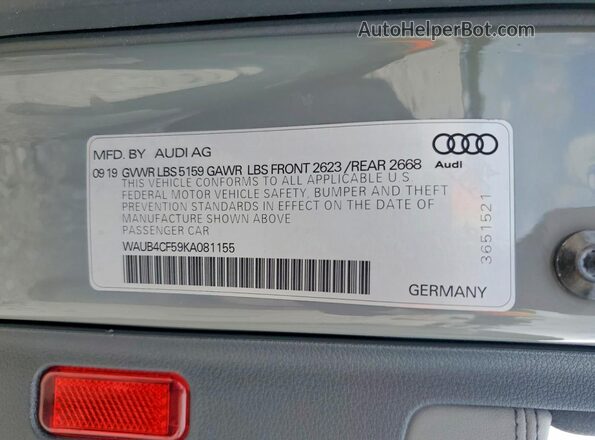 WAUB4CF59KA081155 2019 AUDI S5 Gray Engine compartment view