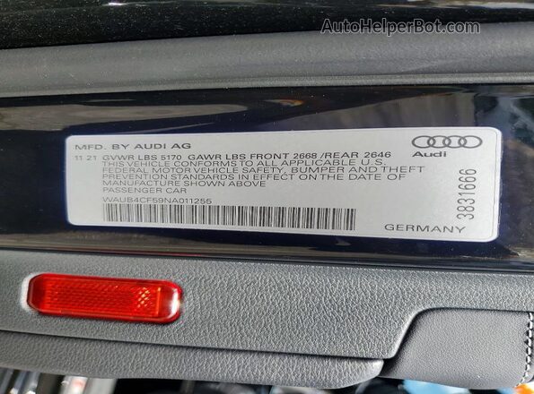 WAUB4CF59NA011255 2022 AUDI S5 Black Widok naklejki z numerem VIN