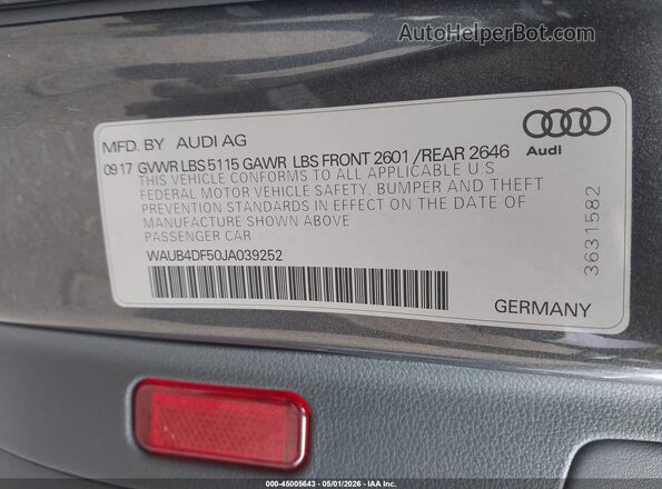 WAUB4DF50JA039252 2018 AUDI S5 Gray Vista del compartimento del motor