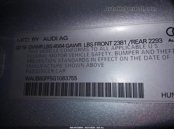 WAUB8GFF5G1083755 2016 AUDI A3 Silver 