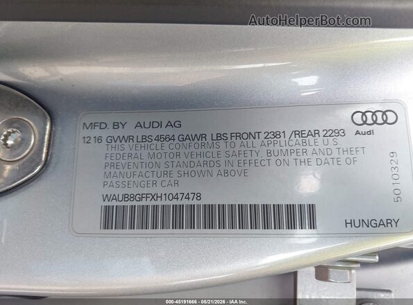 WAUB8GFFXH1047478 2017 AUDI A3 Silver Вид підкапотного простору