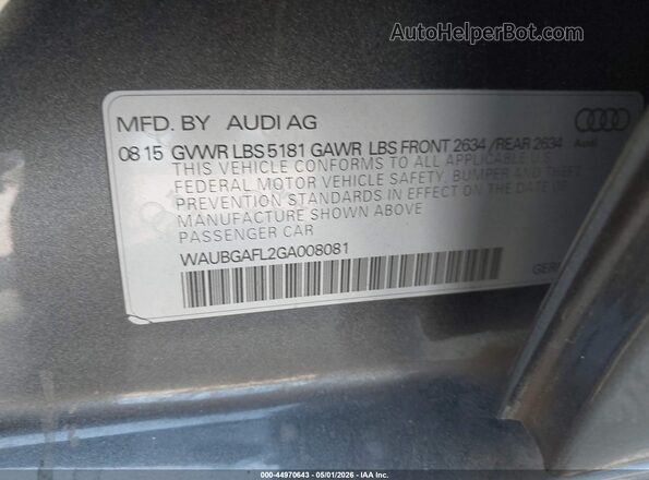 WAUBGAFL2GA008081 2016 AUDI S4 Gray 