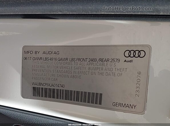 WAUBNCF5XJA014740 2018 AUDI A5 Белый Вид подкапотного пространства