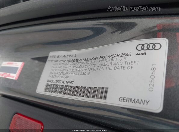 WAUC4AF47JA116757 2018 AUDI S4 Gray Widok komory silnika