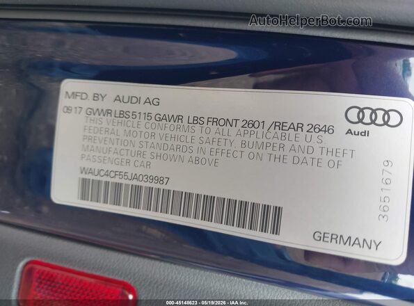 WAUC4CF55JA039987 2018 AUDI S5 Blue Вид підкапотного простору