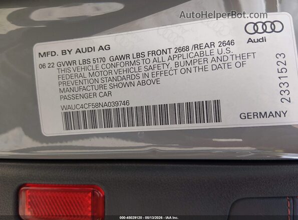 WAUC4CF58NA039746 2022 AUDI S5 Gray Widok komory silnika