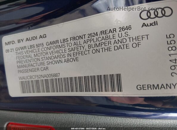 WAUCBCF52NA005887 2022 AUDI A5 Blue Engine compartment view