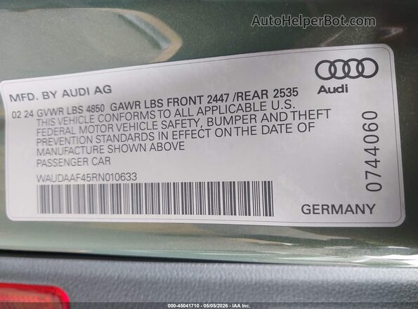 WAUDAAF45RN010633 2024 AUDI OTHER Green Vista del compartimento del motor