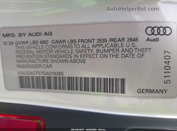 WAUDACF57SA018265 2025 AUDI OTHER White Engine compartment view