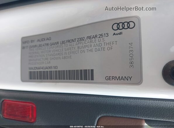 WAUDNAF40JA065183 2018 AUDI A4 White Engine compartment view