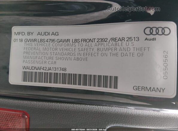 WAUDNAF42JA131748 2018 AUDI A4 Gray Շարժիչի բաժամունքի տեսք