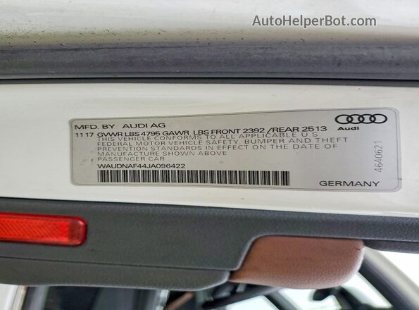 WAUDNAF44JA096422 2018 AUDI A4 White Вид наклейки з VIN-кодом