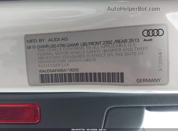 WAUDNAF46KA118292 2019 AUDI A4 White Engine compartment view