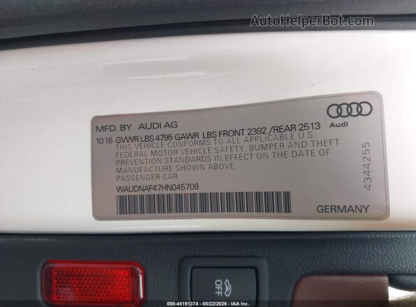 WAUDNAF47HN045709 2017 AUDI A4 White Engine compartment view