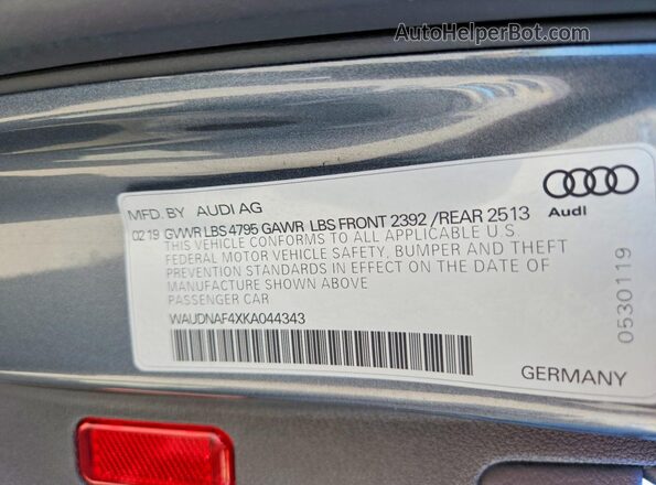 WAUDNAF4XKA044343 2019 AUDI A4 Gray VIN կոդի պիտակի տեսք