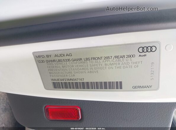 WAUE3AF23MN047167 2021 AUDI A6 White Вид підкапотного простору
