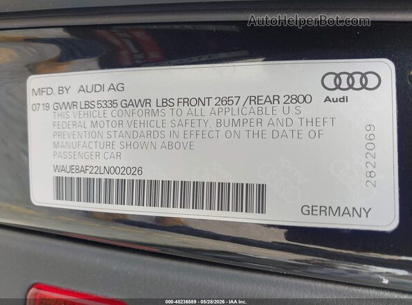 WAUE8AF22LN002026 2020 AUDI A6 Черный Вид подкапотного пространства