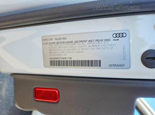 WAUE8AF27LN061136 2020 AUDI A6 White Widok naklejki z numerem VIN