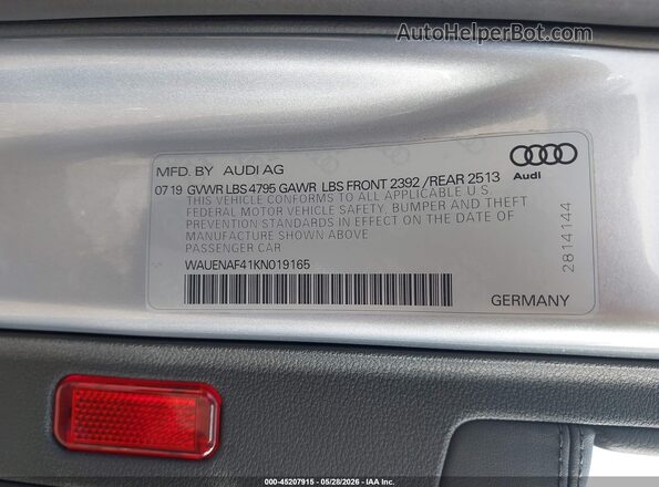 WAUENAF41KN019165 2019 AUDI OTHER Silver ძრავის განყოფილების ხედი