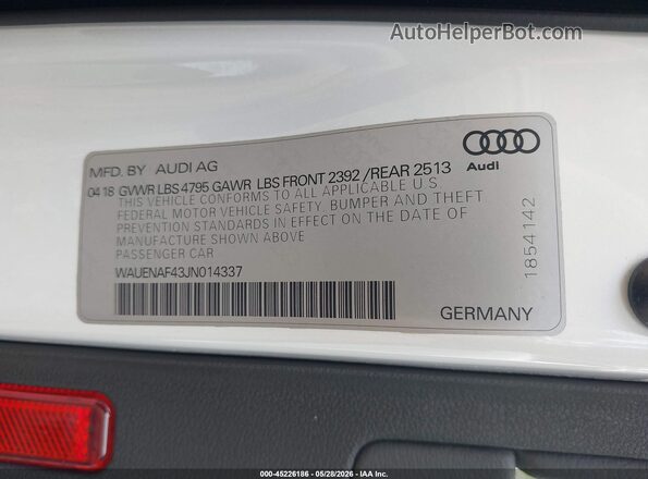WAUENAF43JN014337 2018 AUDI OTHER White Widok komory silnika